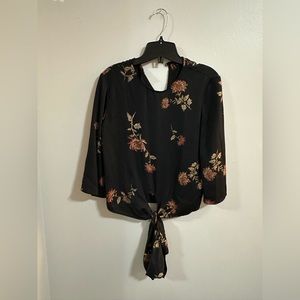Black Dynamite printed top with front knot in size xs